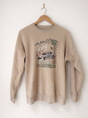 Abercrombie Kids Racing Graphic Sweatshirt Size 15/16 Tan Crewneck Y2K Speedway
